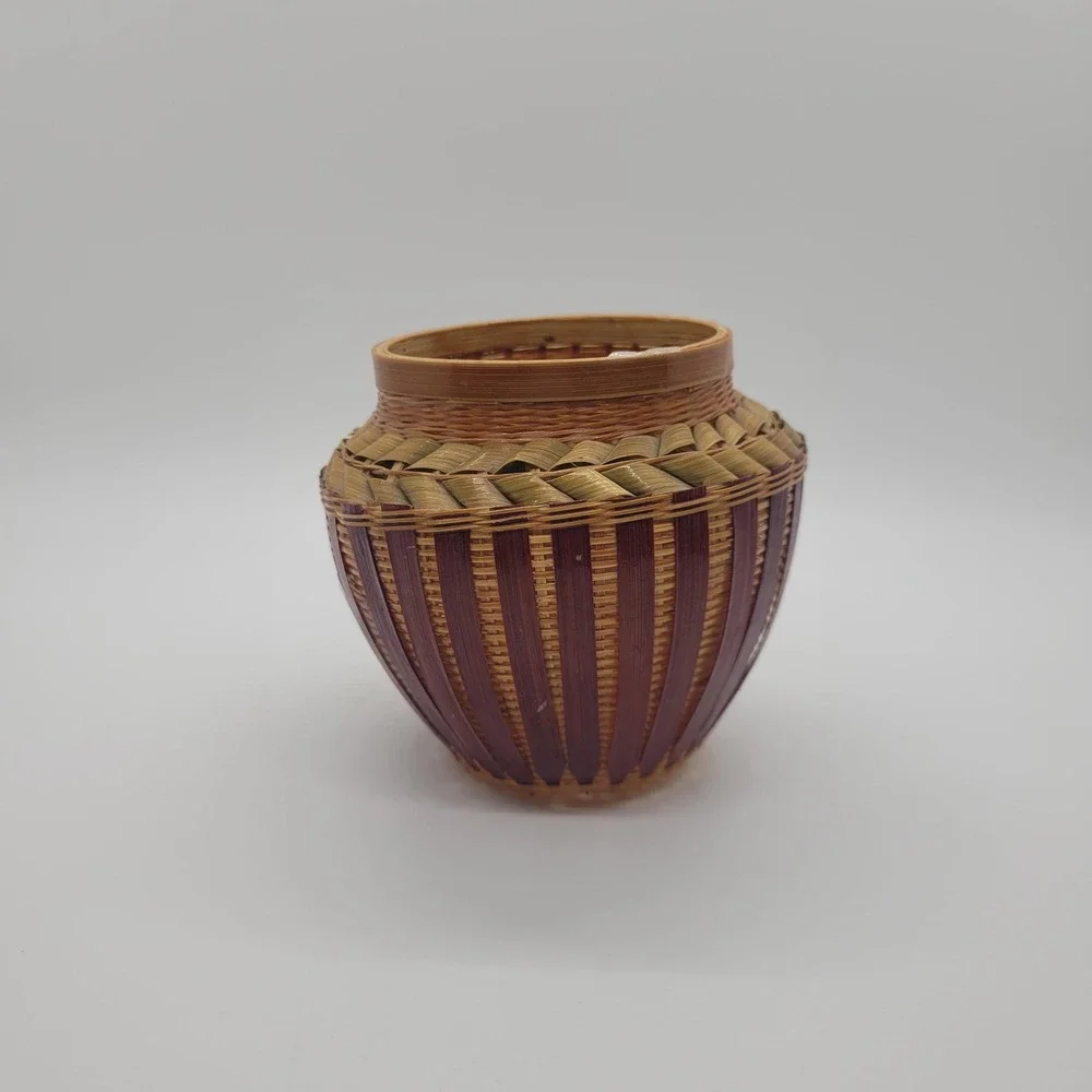 Vintage Hand Woven Bamboo Basket Small Decorative Pot Natural Boho